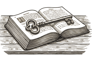 Grabado de un libro antiguo y una llave. Icono para el glosario de términos y definiciones.